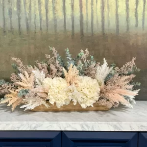 Hydrangeas, Pampas and Eucalyptus Arrangement in a Wood Planter