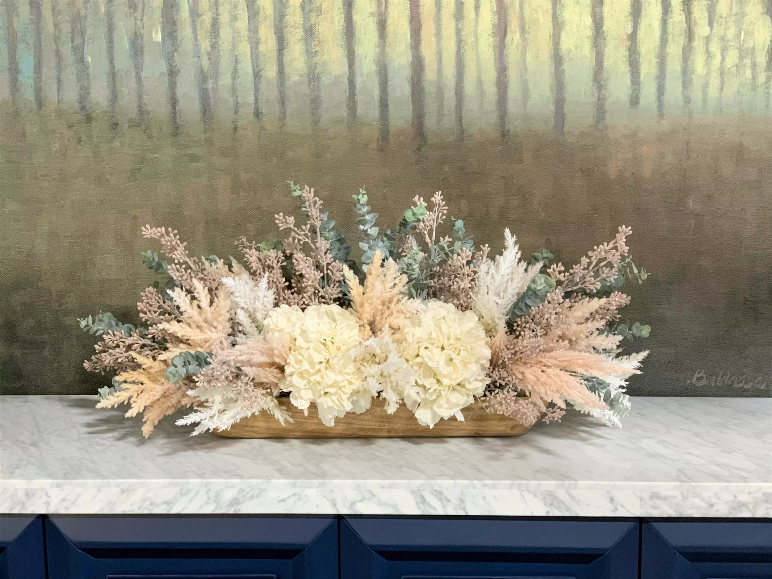 Hydrangeas, Pampas and Eucalyptus Arrangement in a Wood Planter