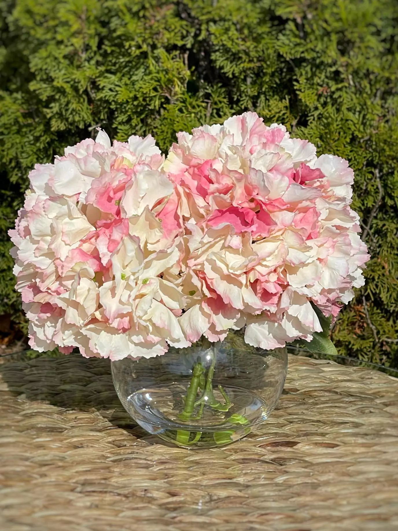 Hydrangea Floral Arrangement in a Clear Glass Vase