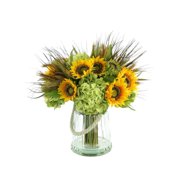 Sunflower, Hydrangea, and Wheat Arrangement in a Glass Vase