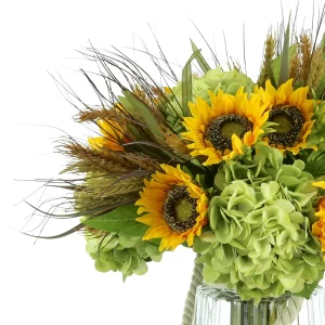 Sunflower, Hydrangea, and Wheat Arrangement in a Glass Vase