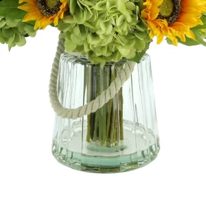 Sunflower, Hydrangea, and Wheat Arrangement in a Glass Vase