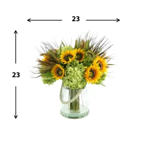 Sunflower, Hydrangea, and Wheat Arrangement in a Glass Vase