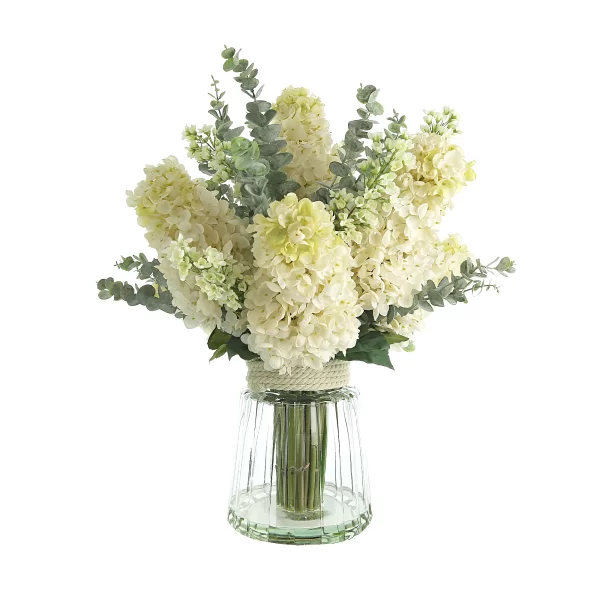 Hydrangea, Lilac and Eucalyptus Arrangement in a Glass Vase with Rope Accent