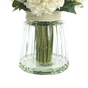 Hydrangea, Lilac and Eucalyptus Arrangement in a Glass Vase with Rope Accent
