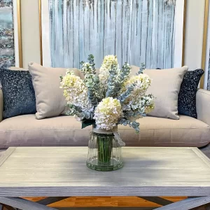 Hydrangea, Lilac and Eucalyptus Arrangement in a Glass Vase with Rope Accent