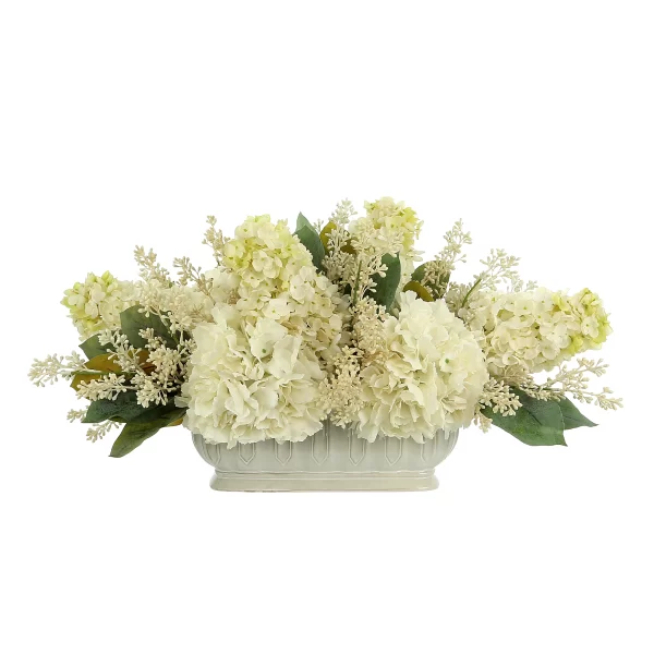 Assorted Hydrangea and Seeded Eucalyptus Arrangement in Oblong Ceramic Planter