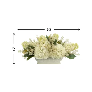 Assorted Hydrangea and Seeded Eucalyptus Arrangement in Oblong Ceramic Planter