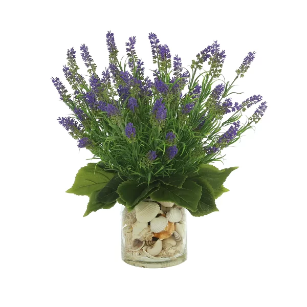 Lavender Floral Arrangement in a Clear Glass Vase with Seashells