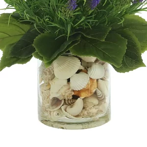 Lavender Floral Arrangement in a Clear Glass Vase with Seashells
