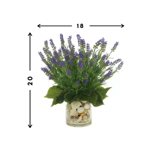 Lavender Floral Arrangement in a Clear Glass Vase with Seashells