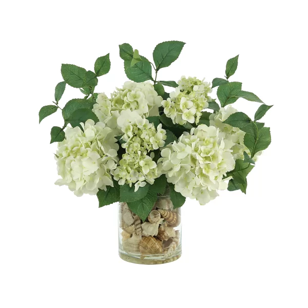 Hydrangea Floral Arrangement in a Clear Glass Vase with Seashells