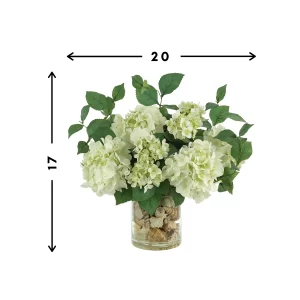 Hydrangea Floral Arrangement in a Clear Glass Vase with Seashells