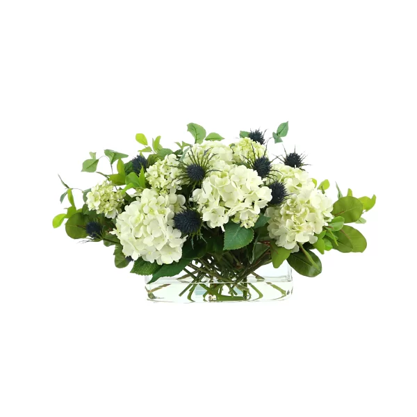 Hydrangea and Thistle Floral Arrangement in a Rectangular Glass Vase