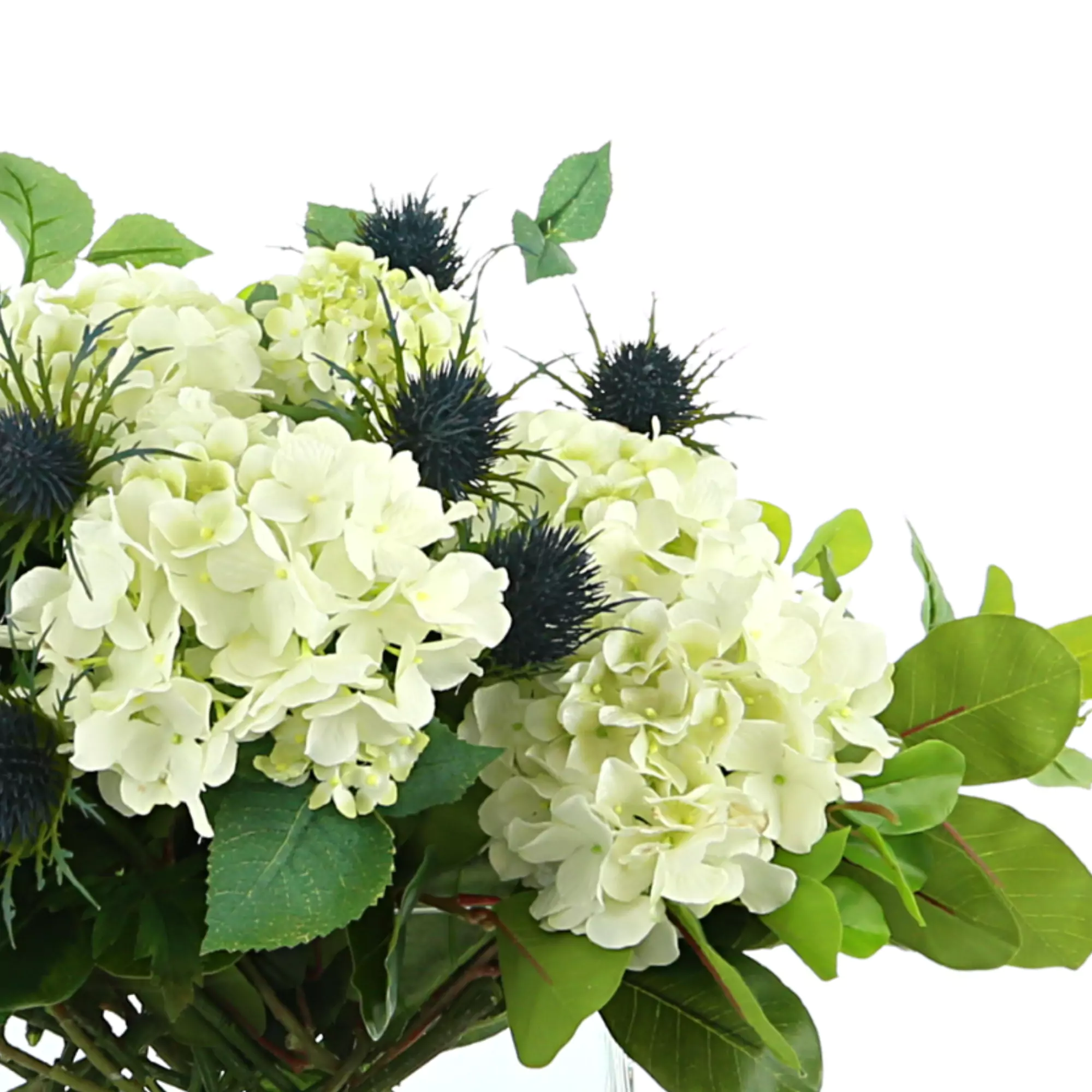 Hydrangea and Thistle Floral Arrangement in a Rectangular Glass Vase