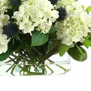 Hydrangea and Thistle Floral Arrangement in a Rectangular Glass Vase