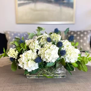 Hydrangea and Thistle Floral Arrangement in a Rectangular Glass Vase - Image 4