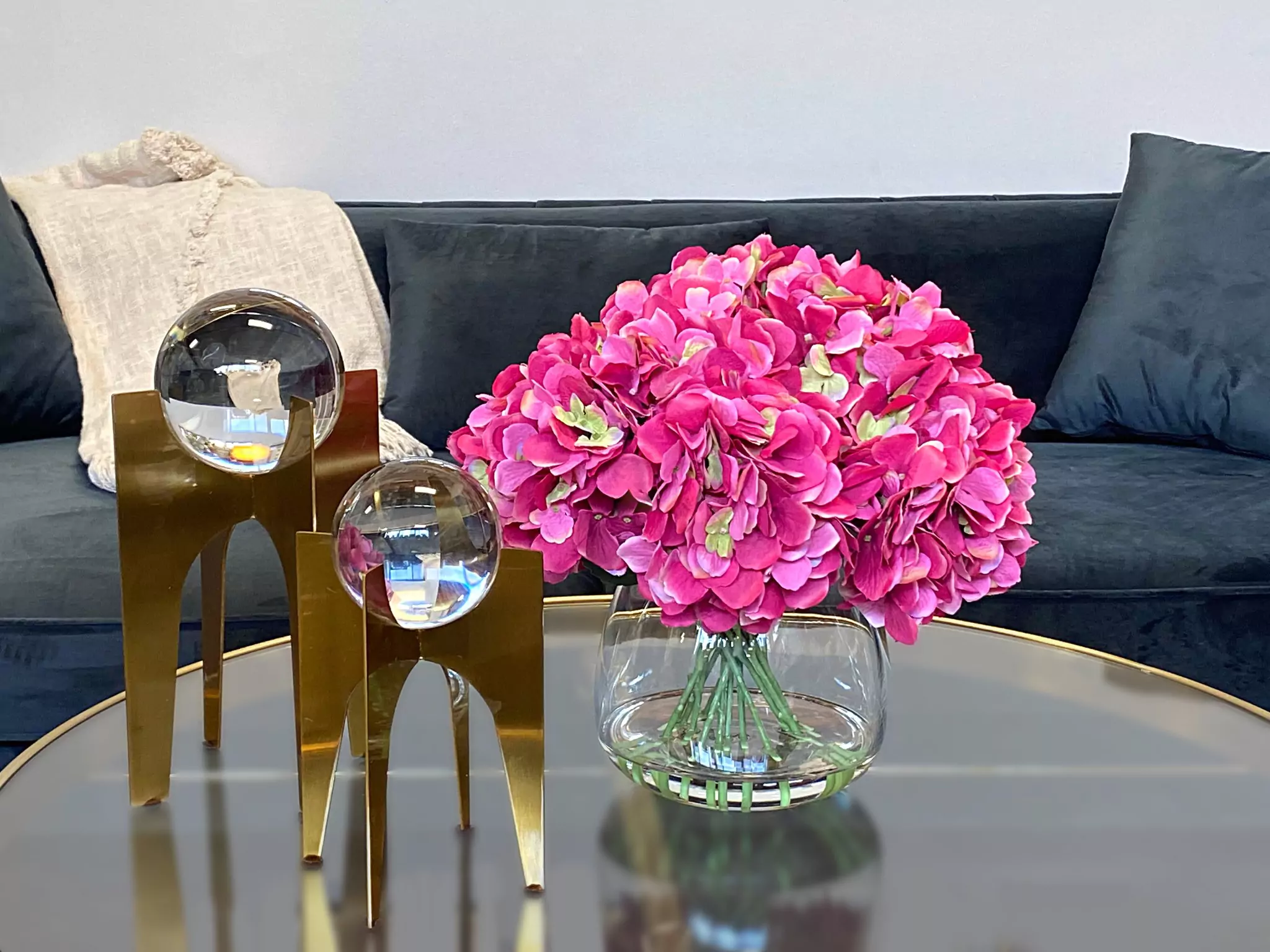 Hydrangea Floral Arrangement in a Round Glass Vase