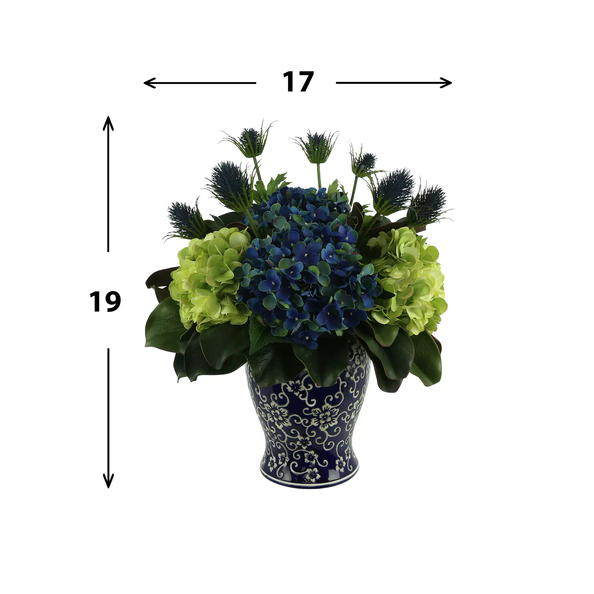 Assorted Hydrangea and Thistle Arrangement in a Decorative Ceramic Vase