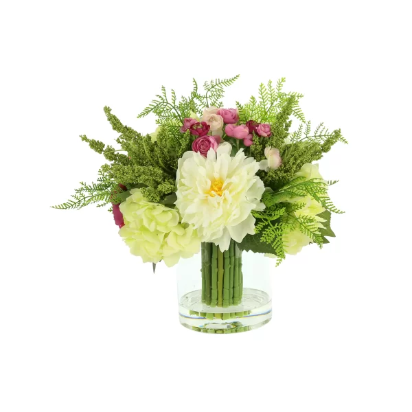 Peony and Ranunculus Floral Arrangement in a Glass Vase