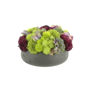 Assorted Sedum and Hydrangea Arrangement in a Fiberstone Pot