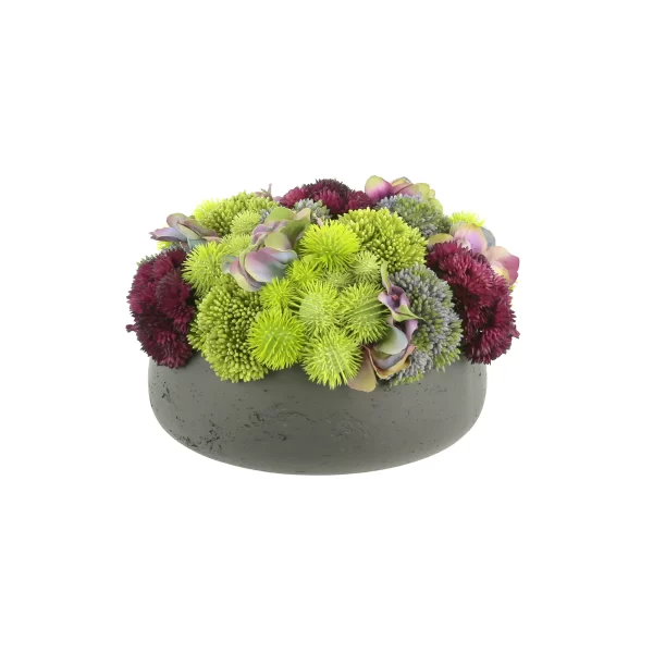 Assorted Sedum and Hydrangea Arrangement in a Fiberstone Pot