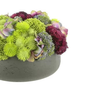 Assorted Sedum and Hydrangea Arrangement in a Fiberstone Pot