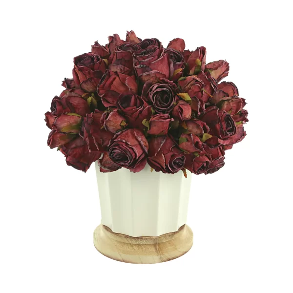 Dried Rose Bundle in a Ceramic Pot with Wooden Base