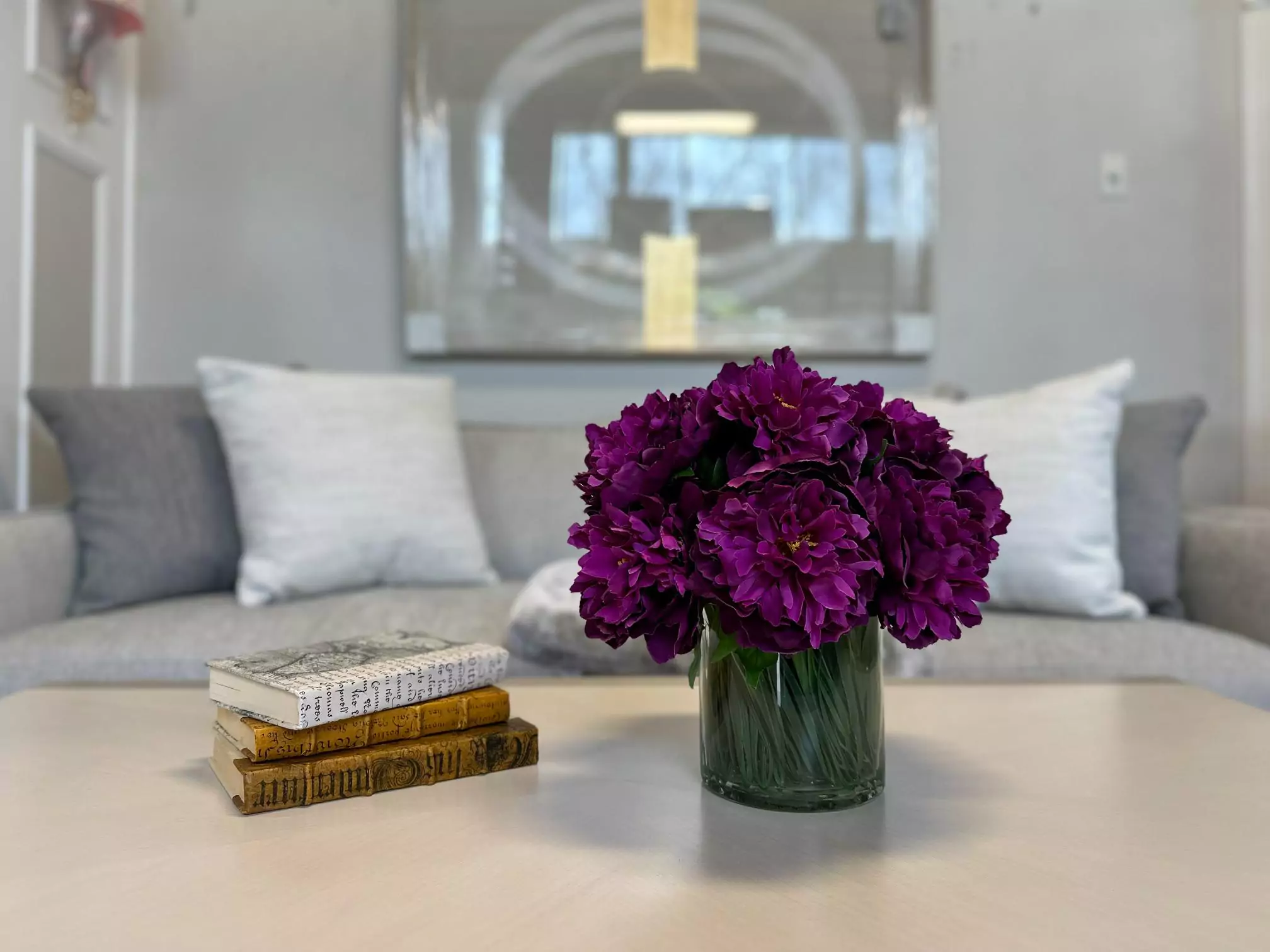 Peony Arrangement in Glass Vase with Grass