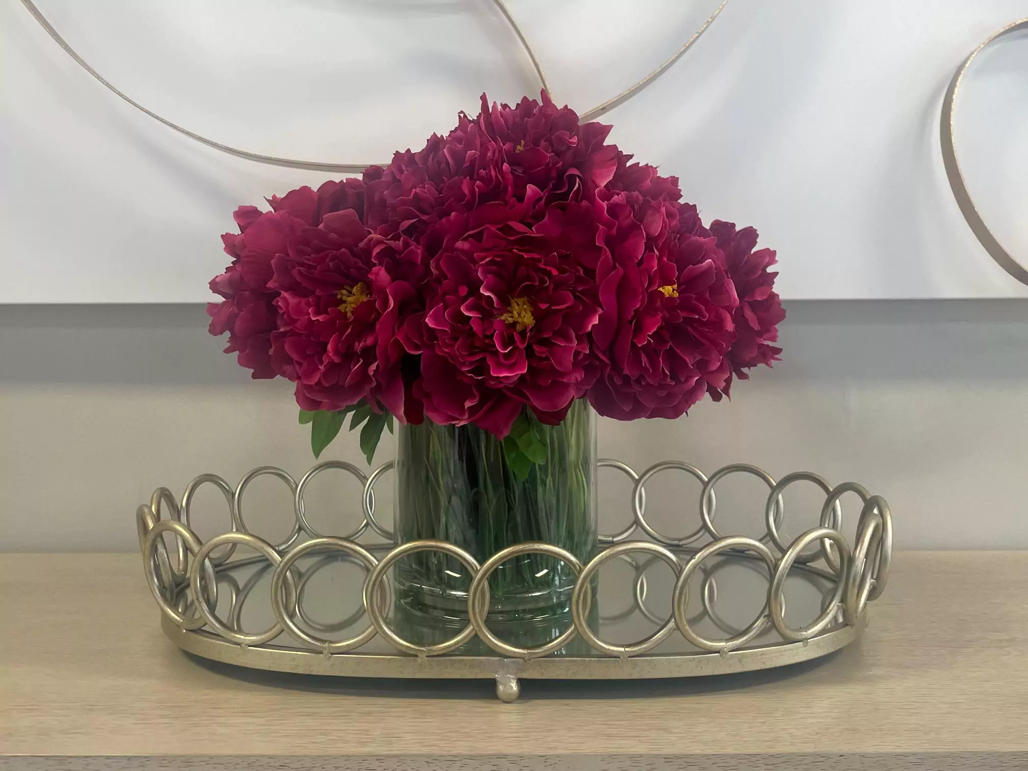 Peony Arrangement in Glass Vase with Grass