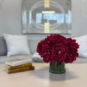 Peony Arrangement in Glass Vase with Grass