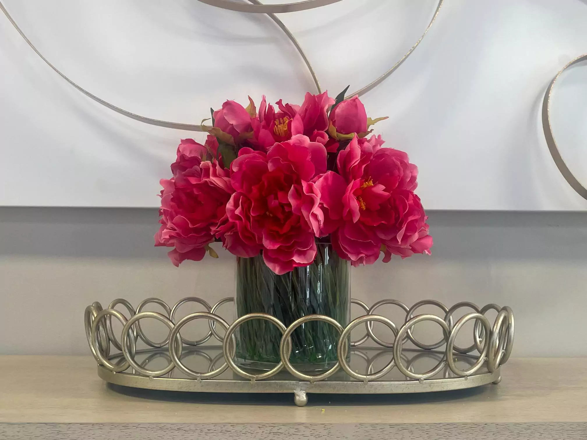 Peony Arrangement in Glass Vase with Grass