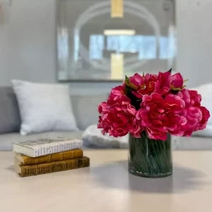 Peony Arrangement in Glass Vase with Grass