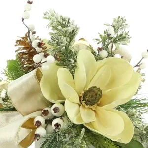 Magnolia and Berry Holiday Arrangement in a Square Vase with Ribbon