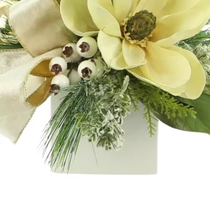 Magnolia and Berry Holiday Arrangement in a Square Vase with Ribbon