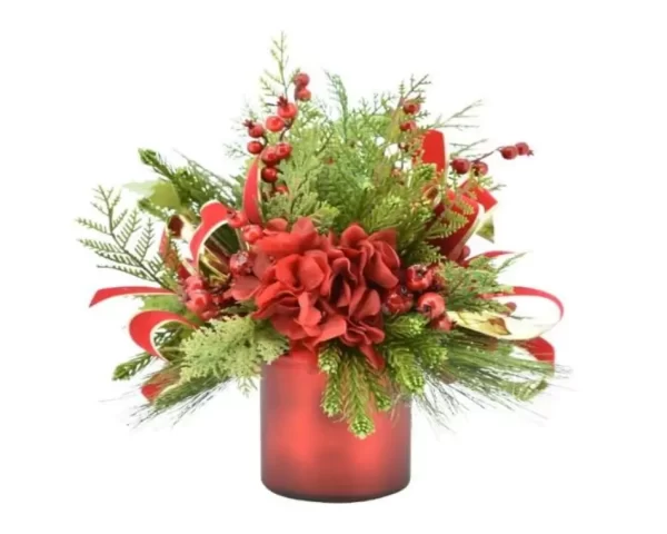Holiday Arrangement with Hydrangeas, Cedar, Berries and Ribbon