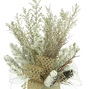 Snowy Branch and Pinecone Holiday Arrangement with Ribbon in a Fiberstone Pot