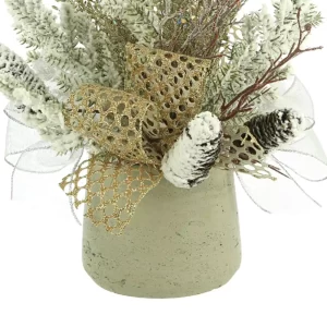 Snowy Branch and Pinecone Holiday Arrangement with Ribbon in a Fiberstone Pot