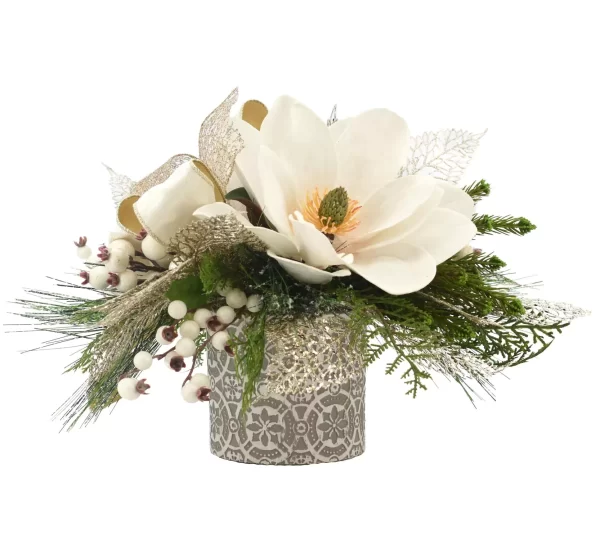 Magnolia with Evergreen and Berries in a Decorative Ceramic Vase