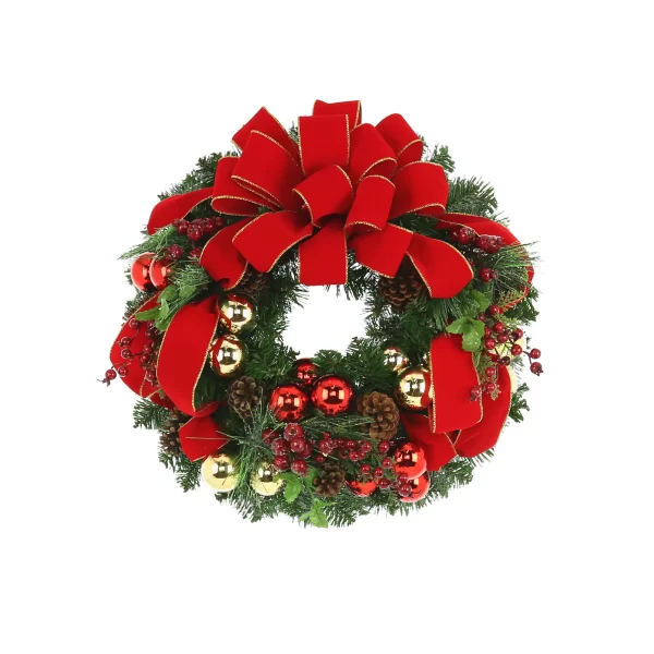26" Holiday Wreath with Pinecones, Berries, Ornaments and Ribbon