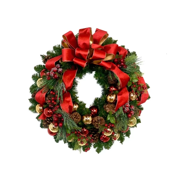 26" Holiday Evergreen Wreath with Berries, Ornaments, Pinecones and Bows