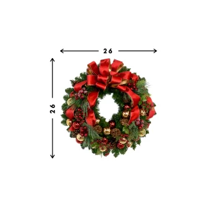 26" Holiday Evergreen Wreath with Berries, Ornaments, Pinecones and Bows