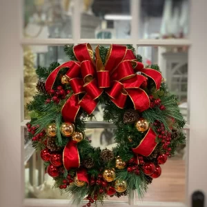 26" Holiday Evergreen Wreath with Berries, Ornaments, Pinecones and Bows