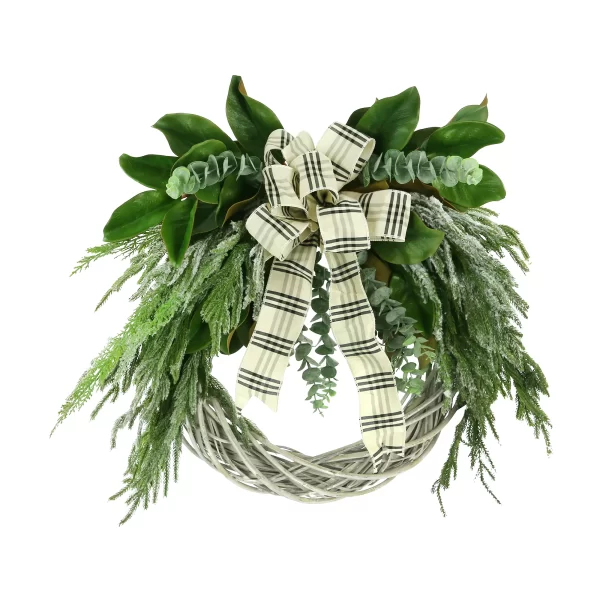 28" Holiday Wreath with Snowy Pine Branches, Eucalyptus and Plaid Ribbon
