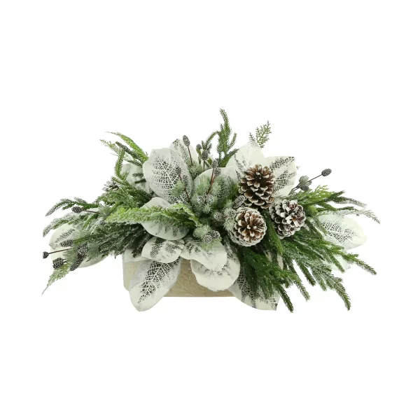 Magnolia Leaf Holiday Arrangement with Pinecones in an Oval Ceramic Pot