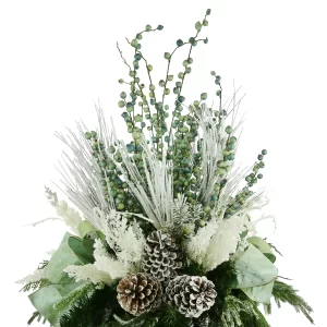 Holiday Arrangement with Snowy Pine Leaves, Pinecones, Berries and Bows