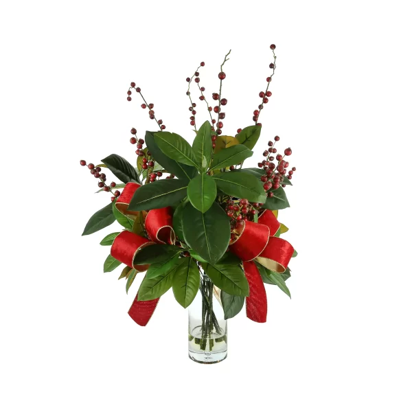 Magnolia Leaf and Berry Holiday Arrangement with Velvet Bows