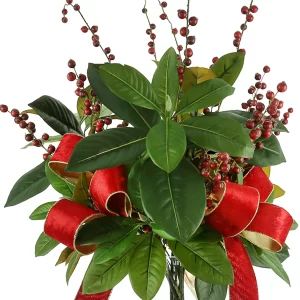 Magnolia Leaf and Berry Holiday Arrangement with Velvet Bows