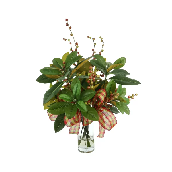 Magnolia Leaf and Berry Holiday Arrangement with Plaid Bows