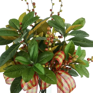 Magnolia Leaf and Berry Holiday Arrangement with Plaid Bows